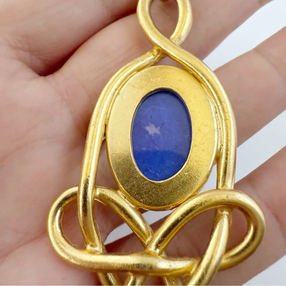 Vtg Large Matte Goldtone Art Nouveau Revival Scroll Blue Stone Dangle Brooch